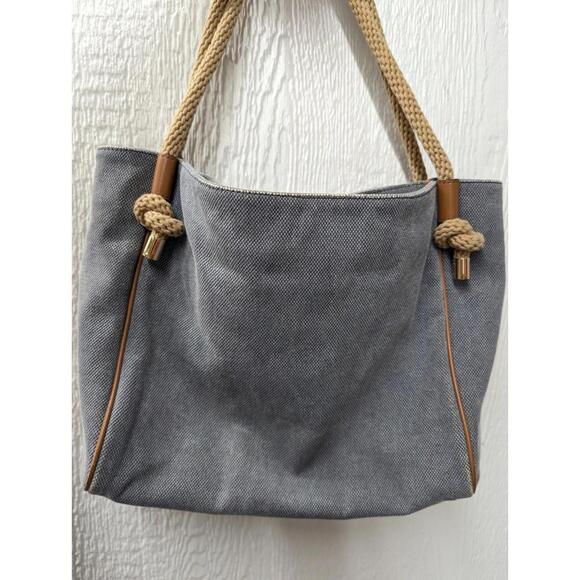 Michael Kors Isla Large Washed Denim Grab Bag Tote Beach Nautical Travel - Picture 4 of 9